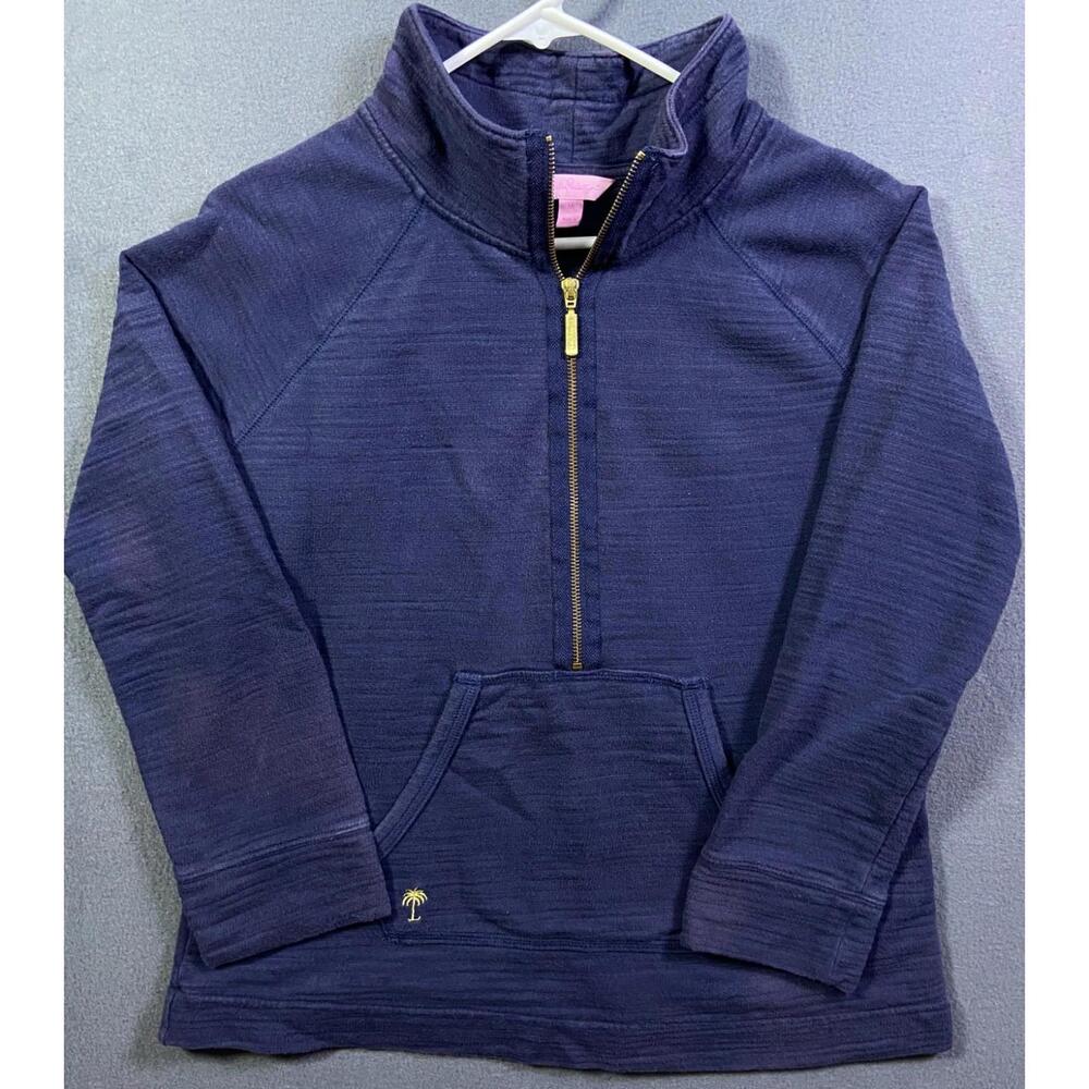 Lilly Pulitzer 1/4 Gold Zip Pullover Size Medium Long Sleeve Pocket Blue Cotton